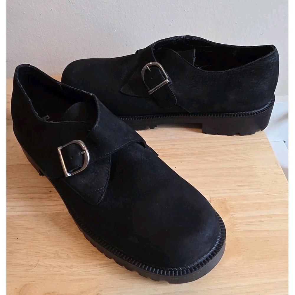 Bass 12M Parker‎ Suede Leather Loafers Black Monk Strap Buckle Chunky Lug Sole